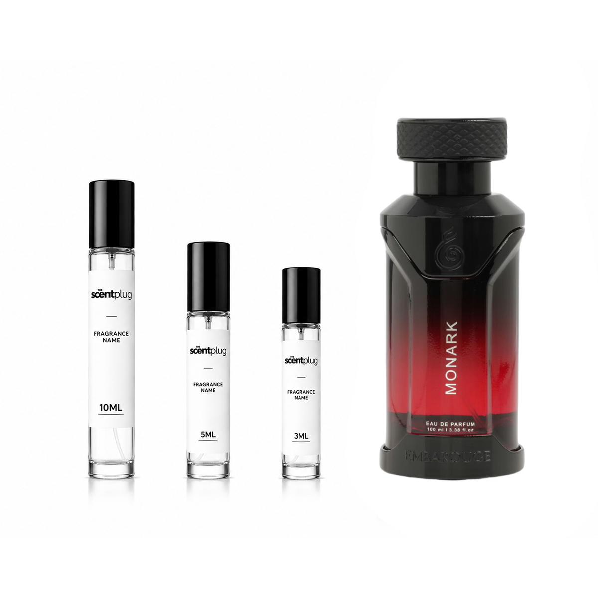 Sample Monark Embarouge decant by The Scent Plug, showcasing the elegant perfume bottle and packaging design.