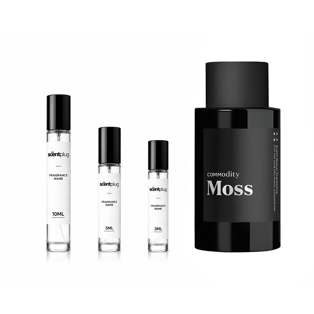 Small sample bottle of Moss Commodity by The Scent Plug, showcasing the decant with a minimalist label and clear glass container.