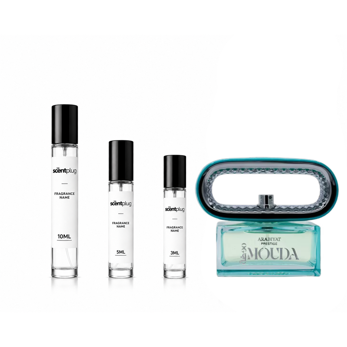Mouda Arabiyat Prestige decant sample from The Scent Plug, showcasing a sleek, elegant container for Arabiyat Prestige perfume.