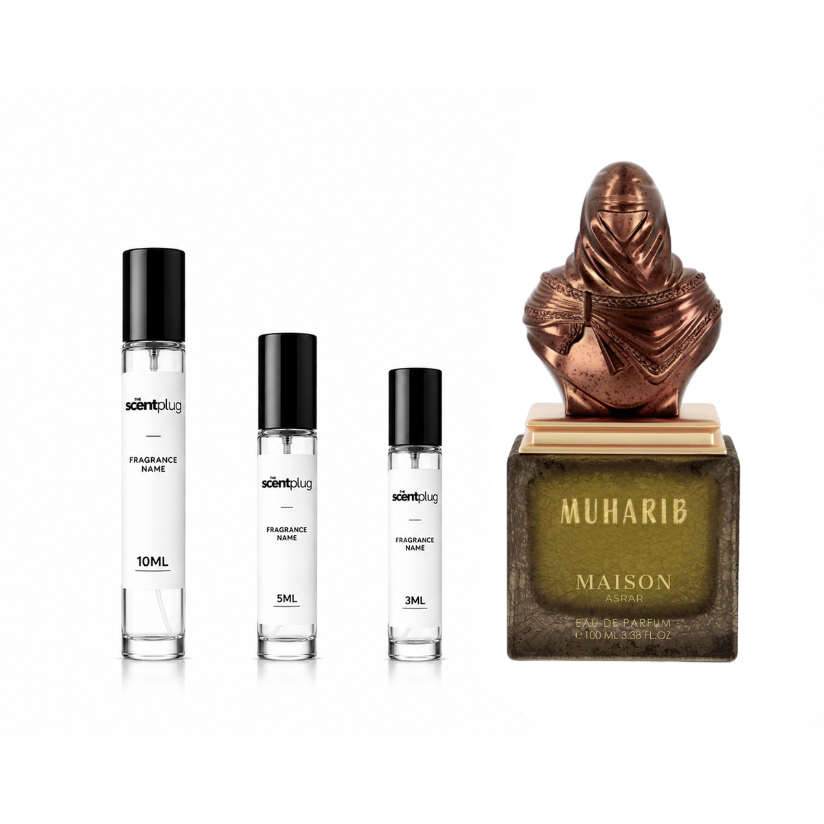 Sample of Muharib MAISON ASRAR perfume decant from The Scent Plug, showcasing the elegant fragrance bottle.