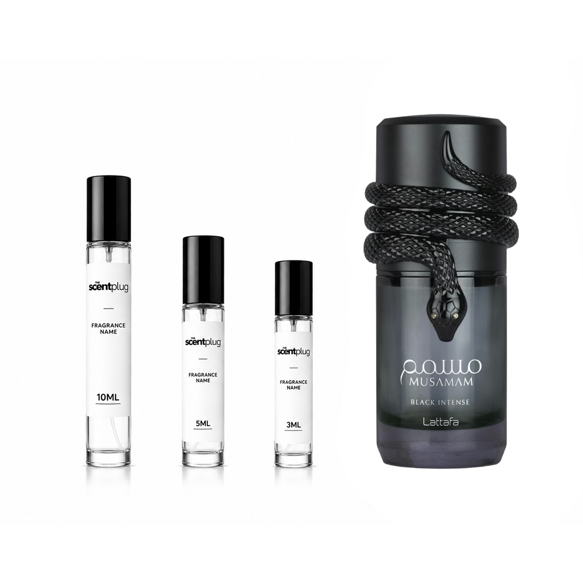 Musamam Black Intense Lattafa Perfume decant sample bottle with black and gold design, showcasing a luxurious fragrance presentation.