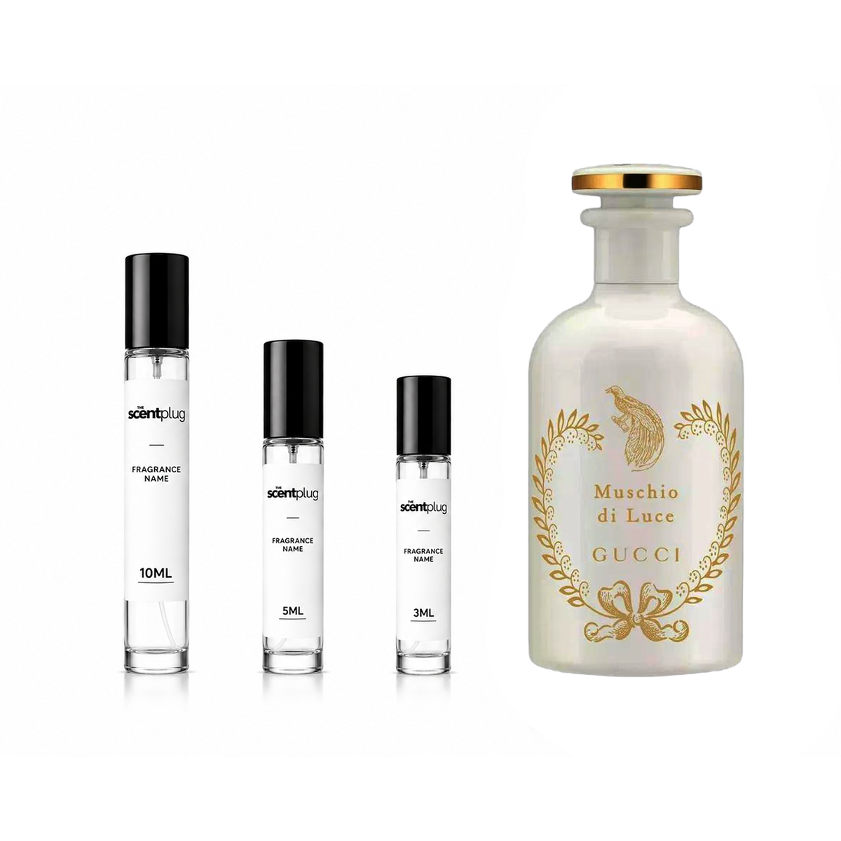 Sample of Gucci Muschio di Luce perfume decant by The Scent Plug, showcasing the elegant fragrance bottle and label.