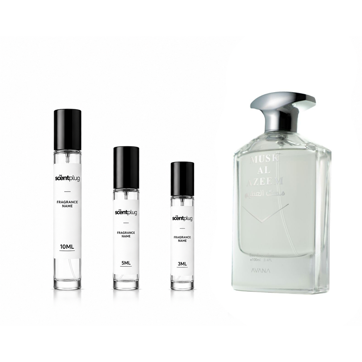 Sample of Musk Al Azeem perfume decant by The Scent Plug, showcasing the fragrance bottle with elegant design.