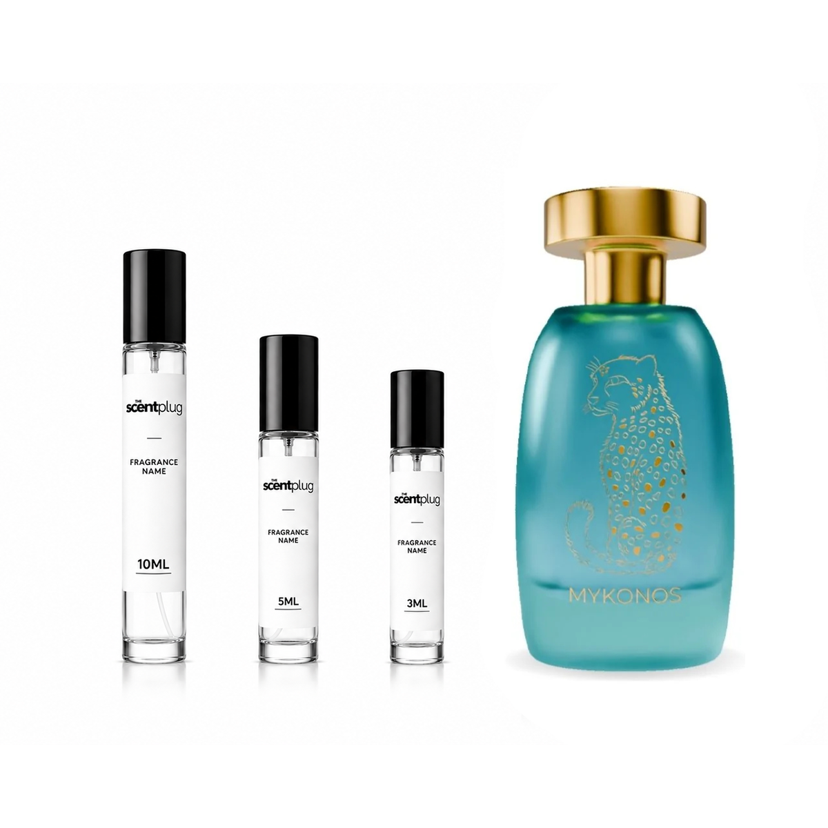 Mykonos Dreamscape decant sample by The Scent Plug, showcasing the perfume bottle with elegant design and branding.