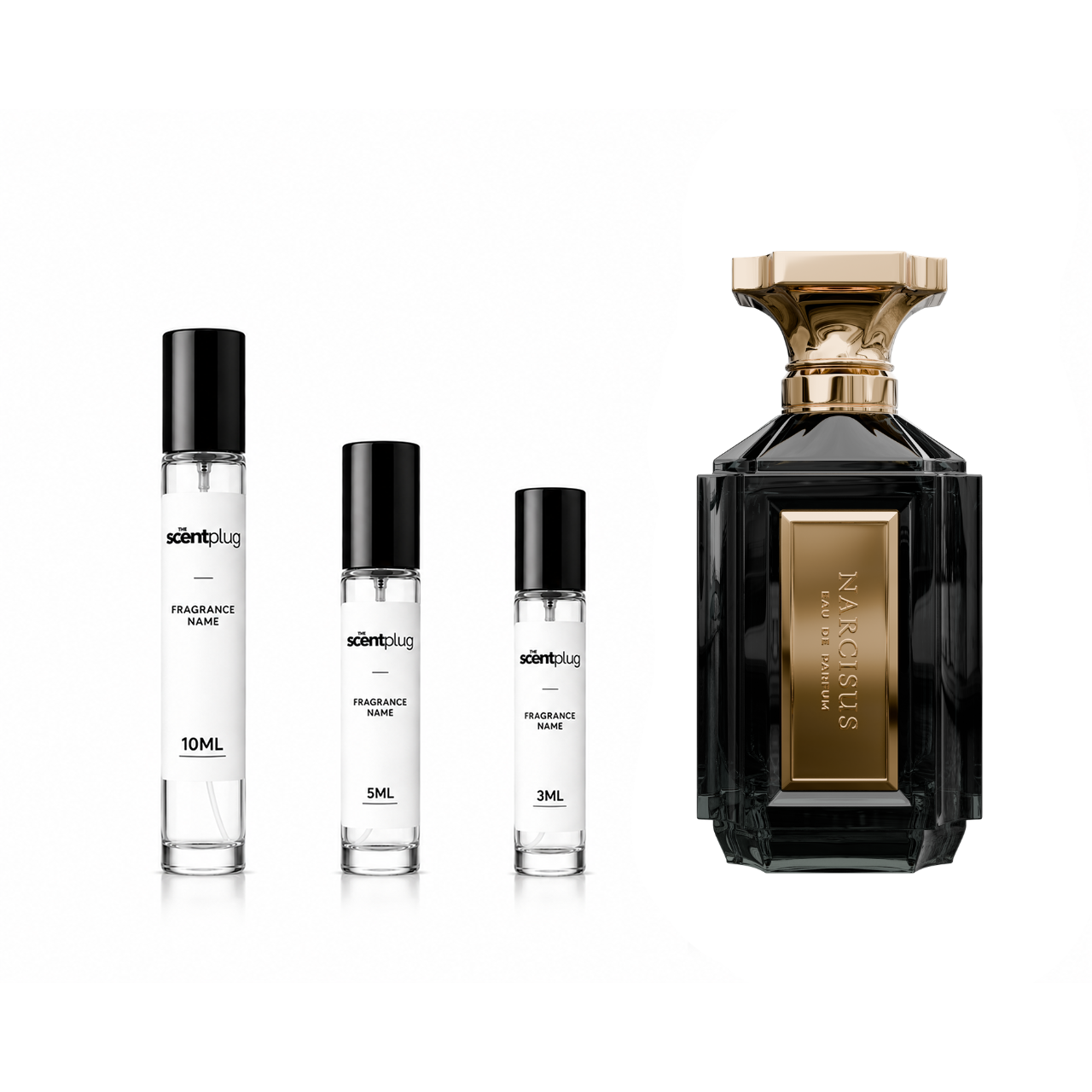 Narcissus Velixir decant sample from The Scent Plug, showing the small bottle with elegant label and cap design.