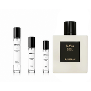 Nava Sol Rayhaan decant sample by The Scent Plug showing a clear glass bottle with a silver cap and Rayhaan fragrance label.