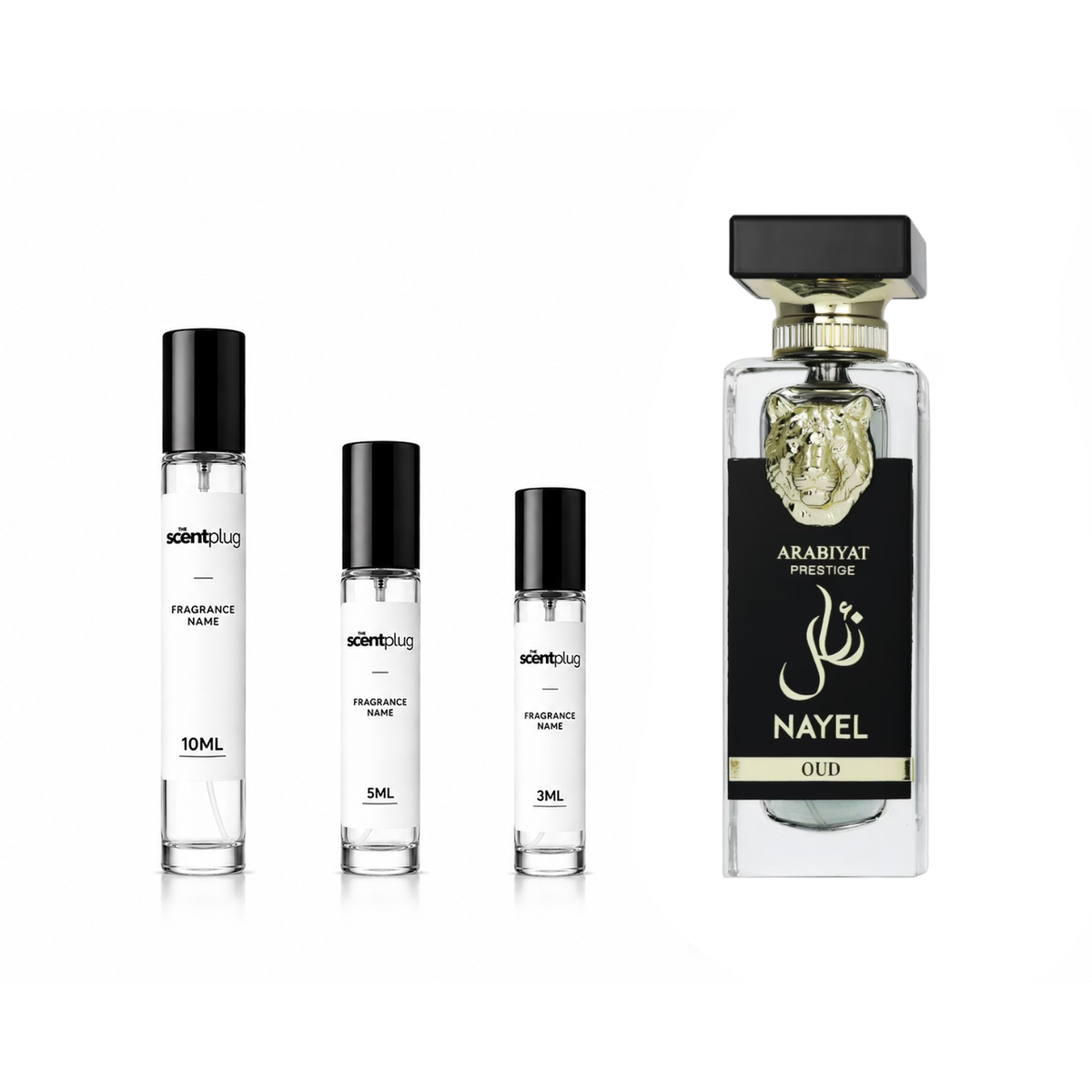 Sample of Nayel Oud Arabiyat Prestige perfume decant by The Scent Plug, showcasing elegant packaging and rich oud fragrance.