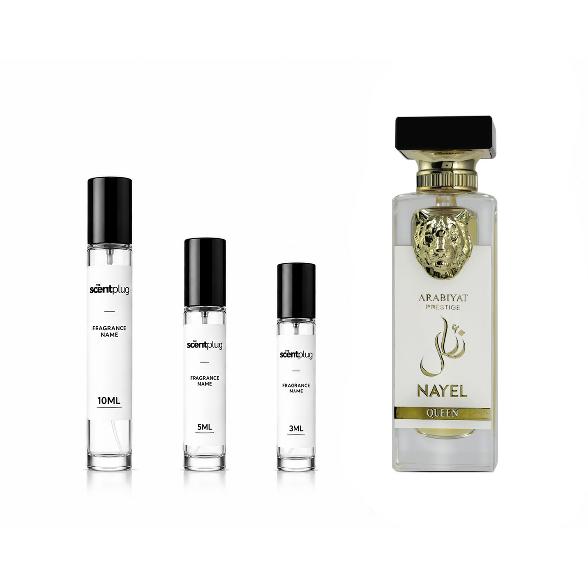 Nayel Queen Arabiyat Prestige decant sample in a clear glass bottle with a black cap, showcasing elegant fragrance packaging.