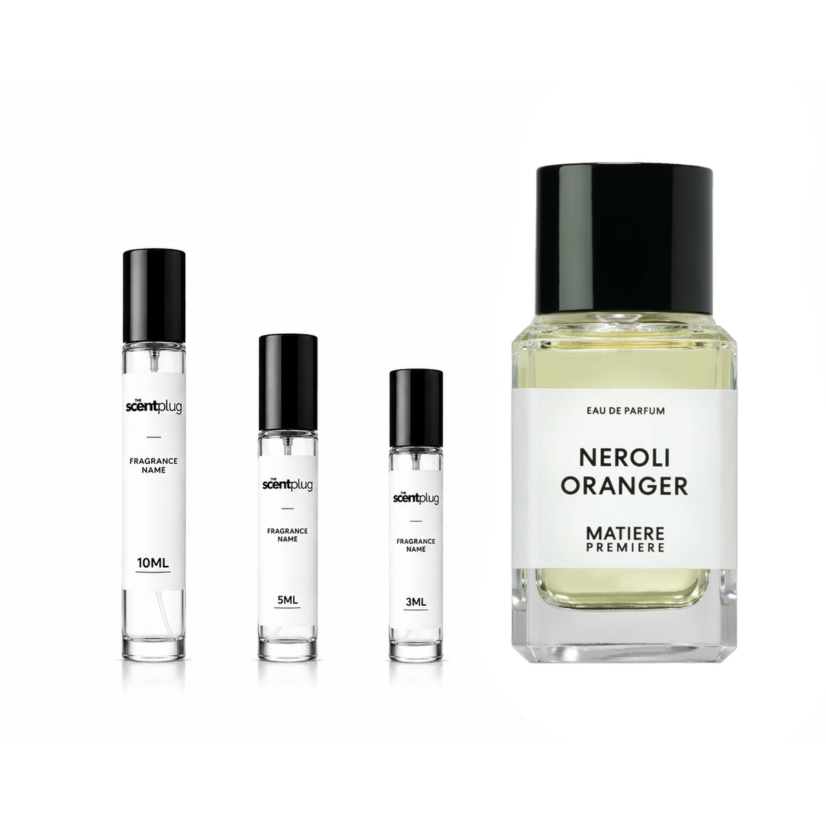 Sample of The Scent Plug Neroli Oranger Matiere Premiere fragrance decant in a small glass vial with a white cap.