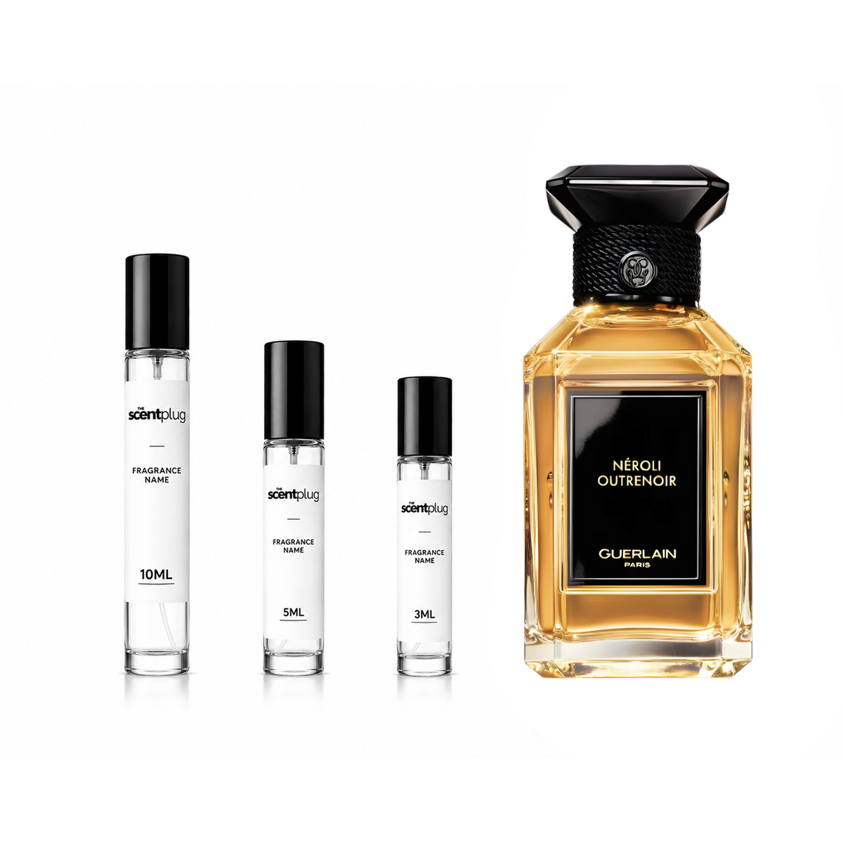Sample decant of Néroli Outrenoir by Guerlain, featuring a clear glass bottle with a spray nozzle and elegant packaging.