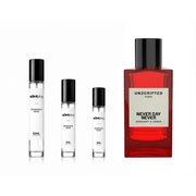 Sample of Never Say Never Unscripted perfume decant by The Scent Plug, showcasing the fragrance bottle and branding.