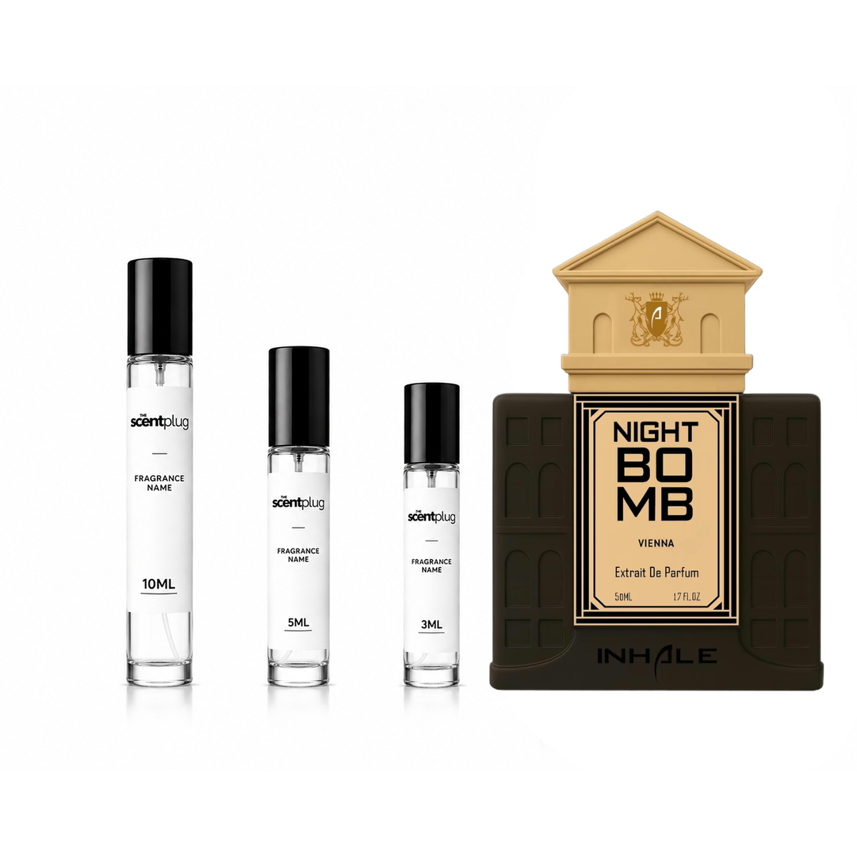 The Scent Plug Night Bomb Inhale decant sample bottle with a dark label and silver cap, designed for fragrance sampling.