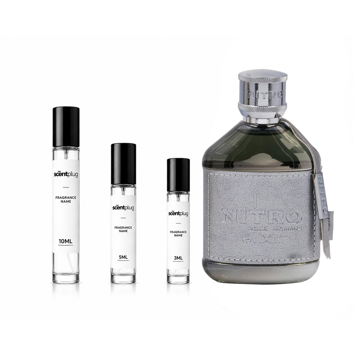 Sample of Nitro Elixir Dumont decant perfume by The Scent Plug, showcasing the sleek bottle design and branding.