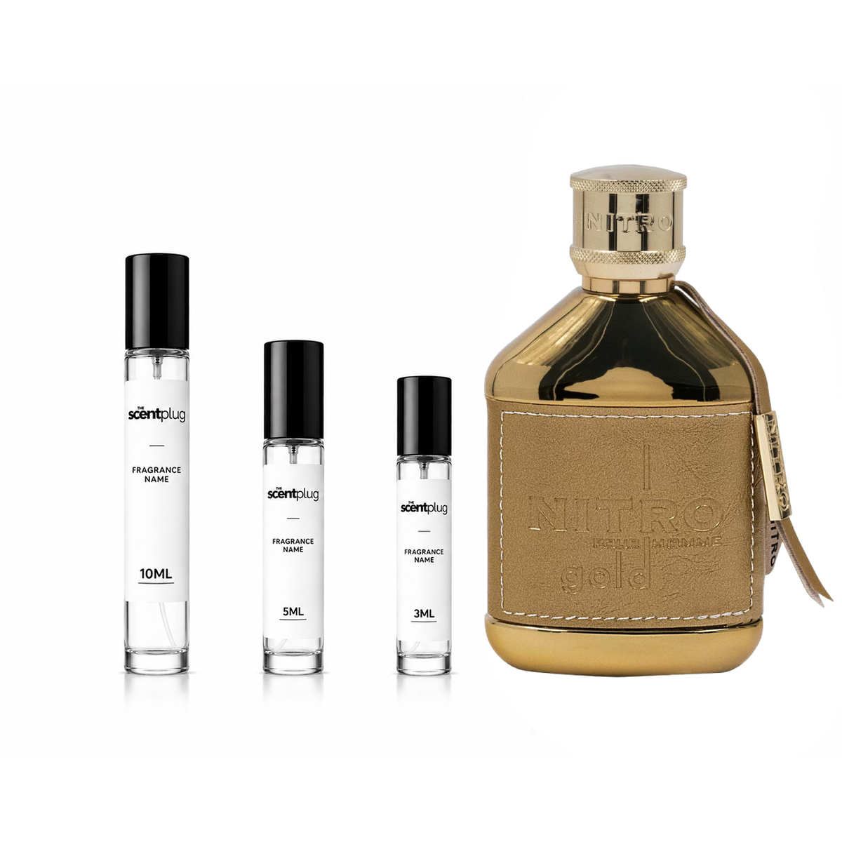 Sample of Nitro Gold Dumont decant by The Scent Plug, showing the small amber-colored bottle with branding label.