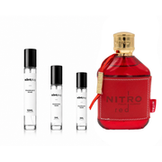 Nitro Red Dumont decant sample from The Scent Plug, featuring a sleek glass container with a red cap and label.