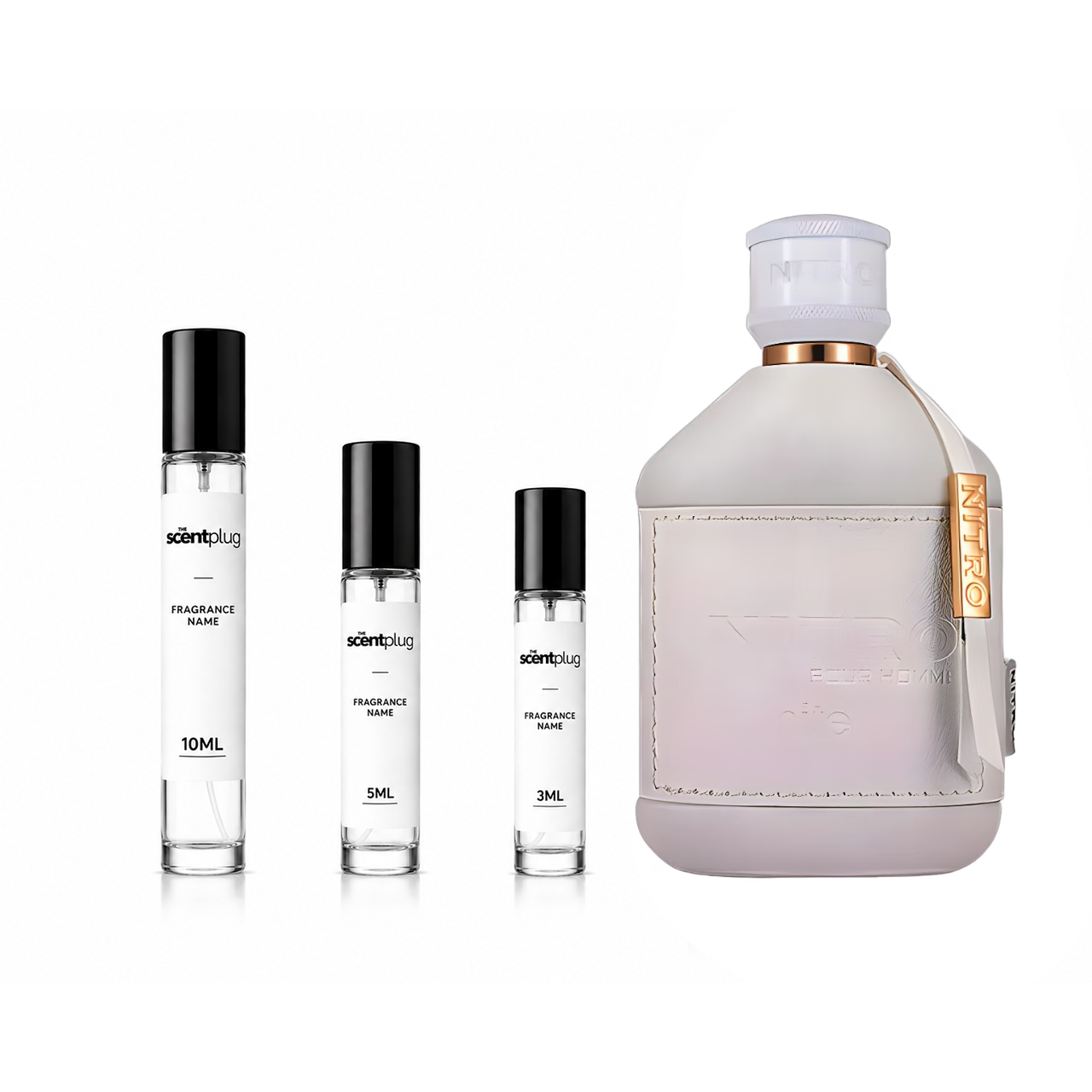 Nitro White Dumont decant sample by The Scent Plug, showcasing the sleek white bottle design and branding.