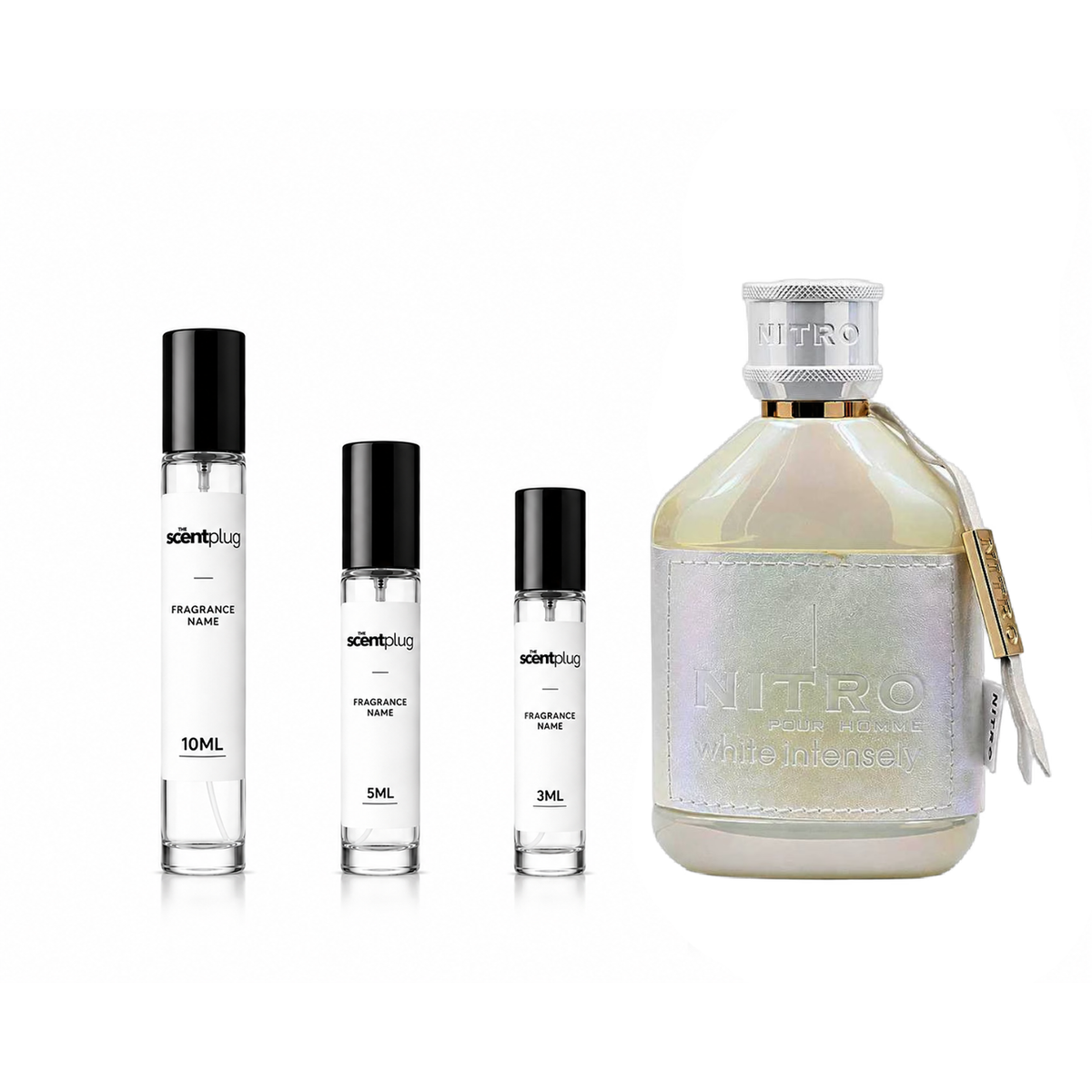 Sample of Nitro White Intensely Dumont perfume decant by The Scent Plug, showing the small fragrance vial.