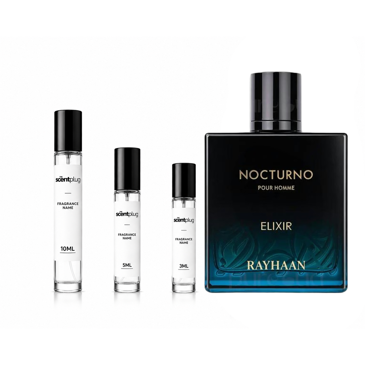 Nocturno Elixir Rayhaan decant sample from The Scent Plug, featuring a sleek bottle with elegant branding and a luxurious fragrance design.