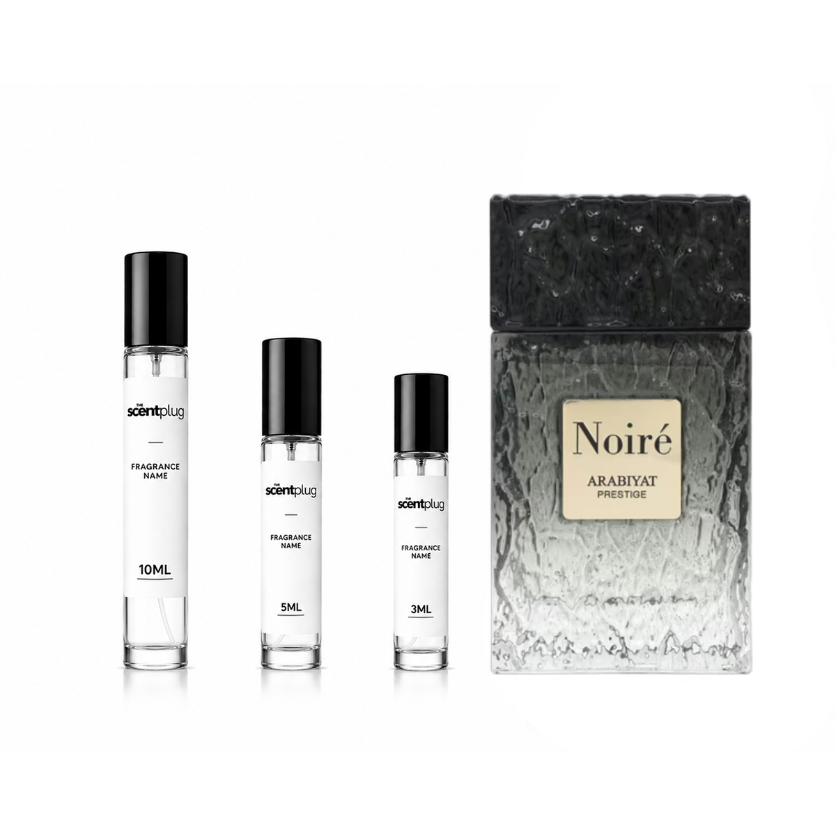 Noirè Arabiyat Prestige decant sample by The Scent Plug, showcasing a sleek, elegant fragrance bottle with black and gold details.
