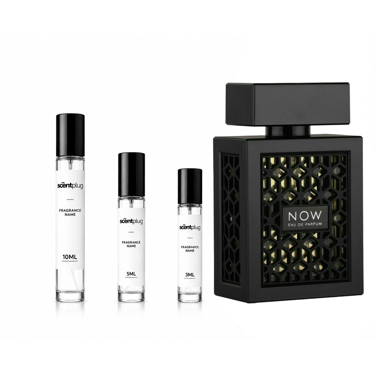 Sample of Now RAVE perfume decant by The Scent Plug, featuring a clear glass bottle with a black cap and a minimalist label.