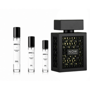 Sample of Now RAVE perfume decant by The Scent Plug, featuring a clear glass bottle with a black cap and a minimalist label.