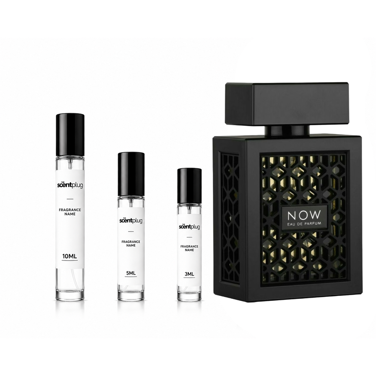 Sample of Now RAVE perfume decant by The Scent Plug, featuring a clear glass bottle with a black cap and a minimalist label.
