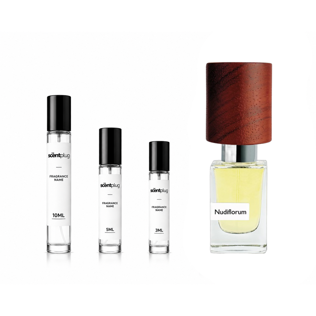 Nudiflorum Nasomatto decant sample bottle with elegant branding and clear label, showcasing the fragrance container.