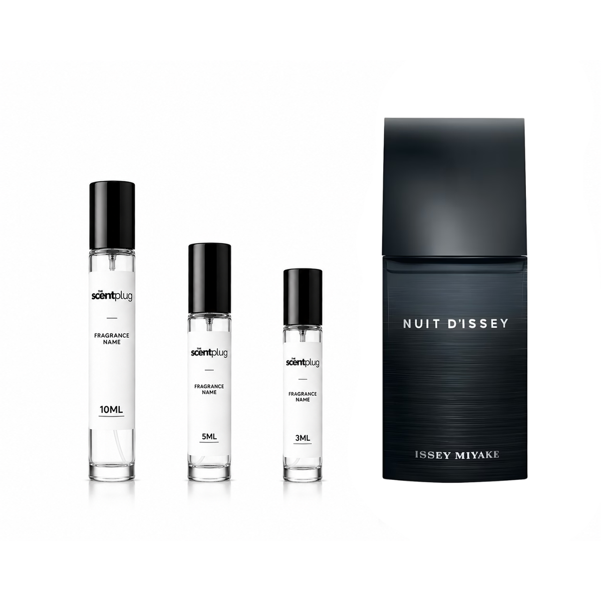 Sample of Nuit d’Issey by Issey Miyake in a decant bottle, showcasing the dark, elegant fragrance with a sleek design.