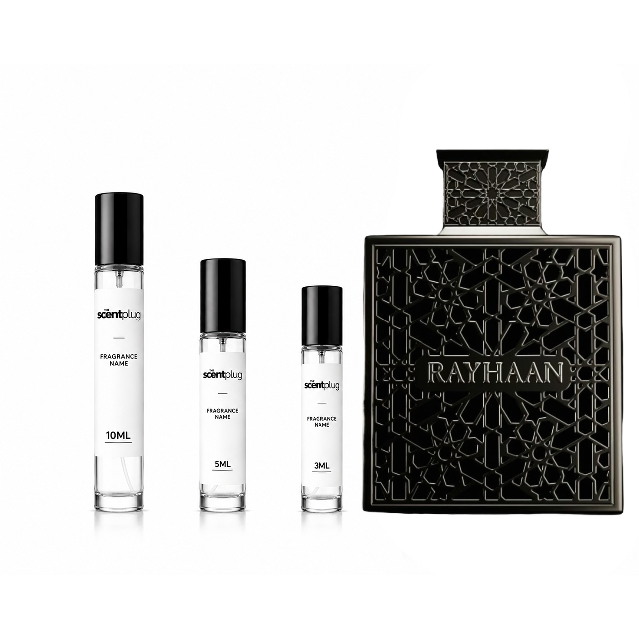 Obsidian Rayhaan decant sample from The Scent Plug, showcasing a clear glass container with a black label and silver cap.