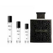 Obsidian Rayhaan decant sample from The Scent Plug, showcasing a clear glass container with a black label and silver cap.