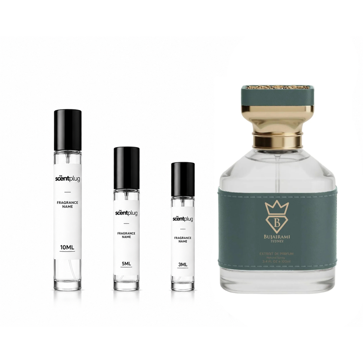 Sample of Ocean Eyes Bujairami fragrance decant by The Scent Plug, showing a clear glass bottle with a silver cap and blue liquid inside.