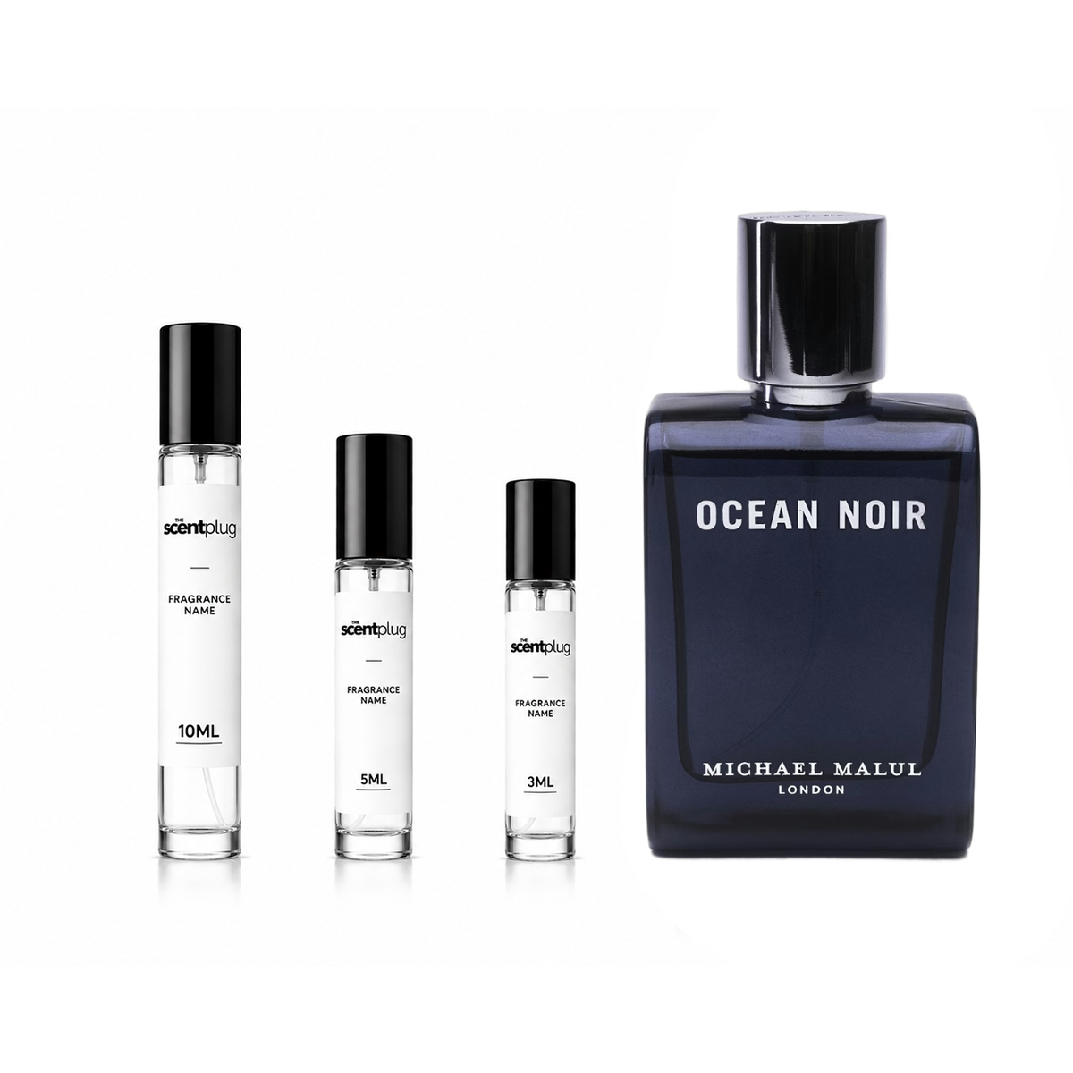 Ocean Noir by Michael Malul London decant sample bottle with sleek packaging and label, showcasing luxury fragrance presentation.