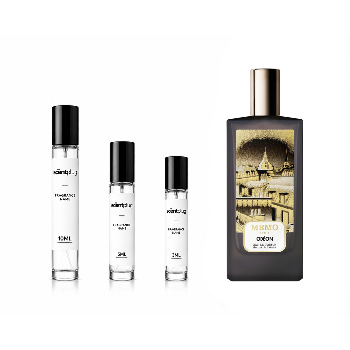 Odéon Memo Paris decant sample featuring elegant packaging and branding from The Scent Plug, showcasing a luxurious perfume sample.