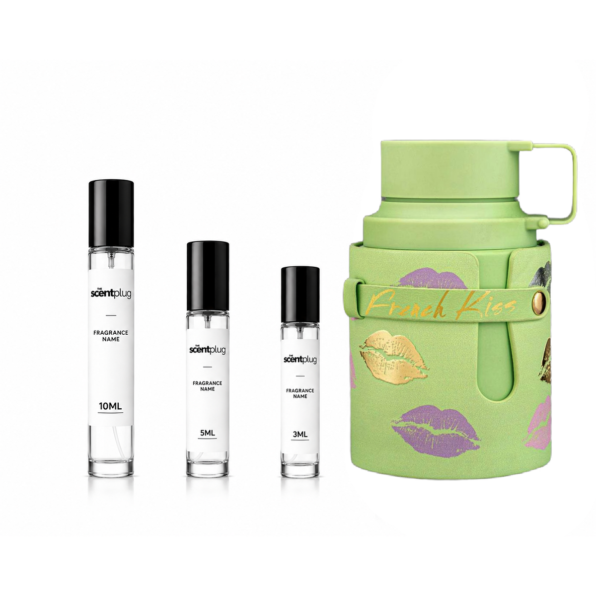 Odyssey French Kiss Armaf perfume sample decant, featuring a sleek bottle with floral and fruity scent notes.