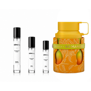 Odyssey Go Mango Armaf perfume sample decant by The Scent Plug, featuring a clear bottle with a black cap and orange liquid.
