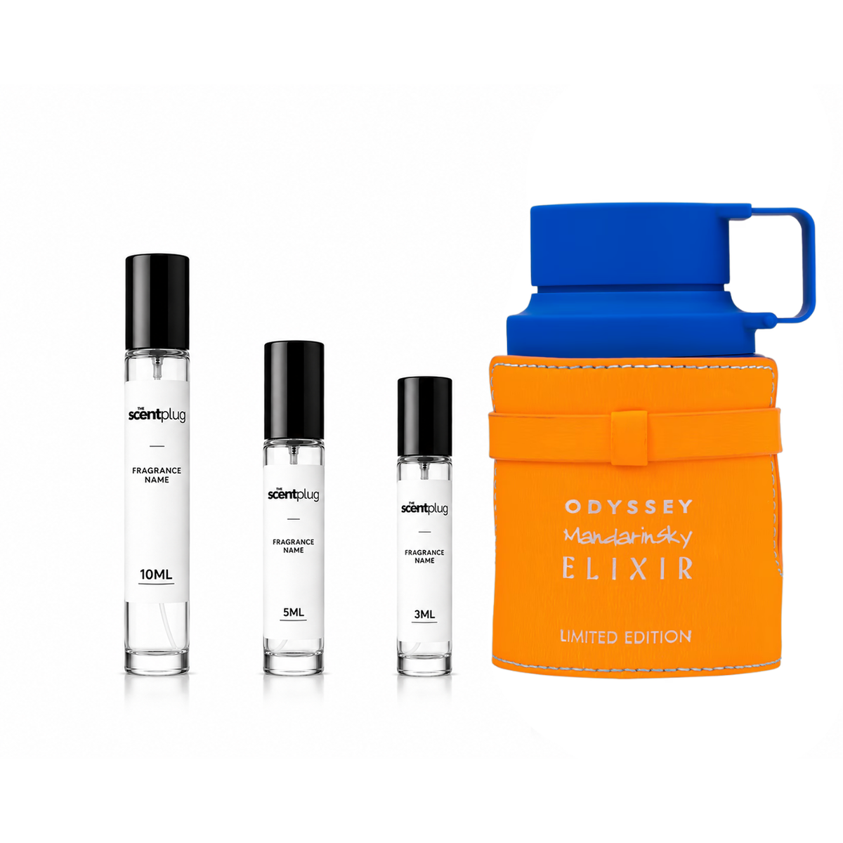 Odyssey Mandarin Sky Elixir by Armaf fragrance sample in a small decant bottle, showcasing the luxurious perfume product.