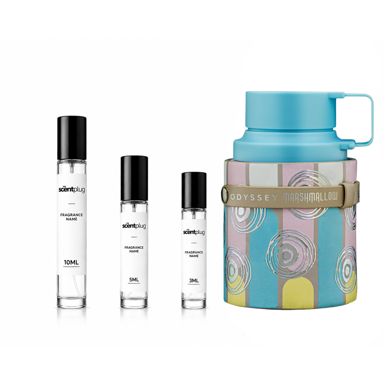 Odyssey Marshmallow Armaf fragrance sample by The Scent Plug showing the decant bottle and label.