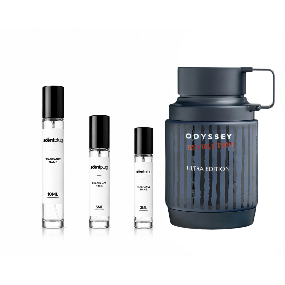 Odyssey Revolution Armaf fragrance sample decant by The Scent Plug showing a small clear glass vial with a white label.