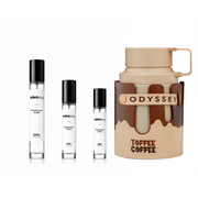 Odyssey Toffee Coffee Armaf perfume sample in a small decant bottle, showcasing the fragrance's rich toffee and coffee notes.