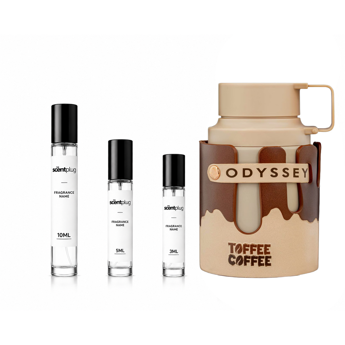 Odyssey Toffee Coffee Armaf perfume sample in a small decant bottle, showcasing the fragrance's rich toffee and coffee notes.