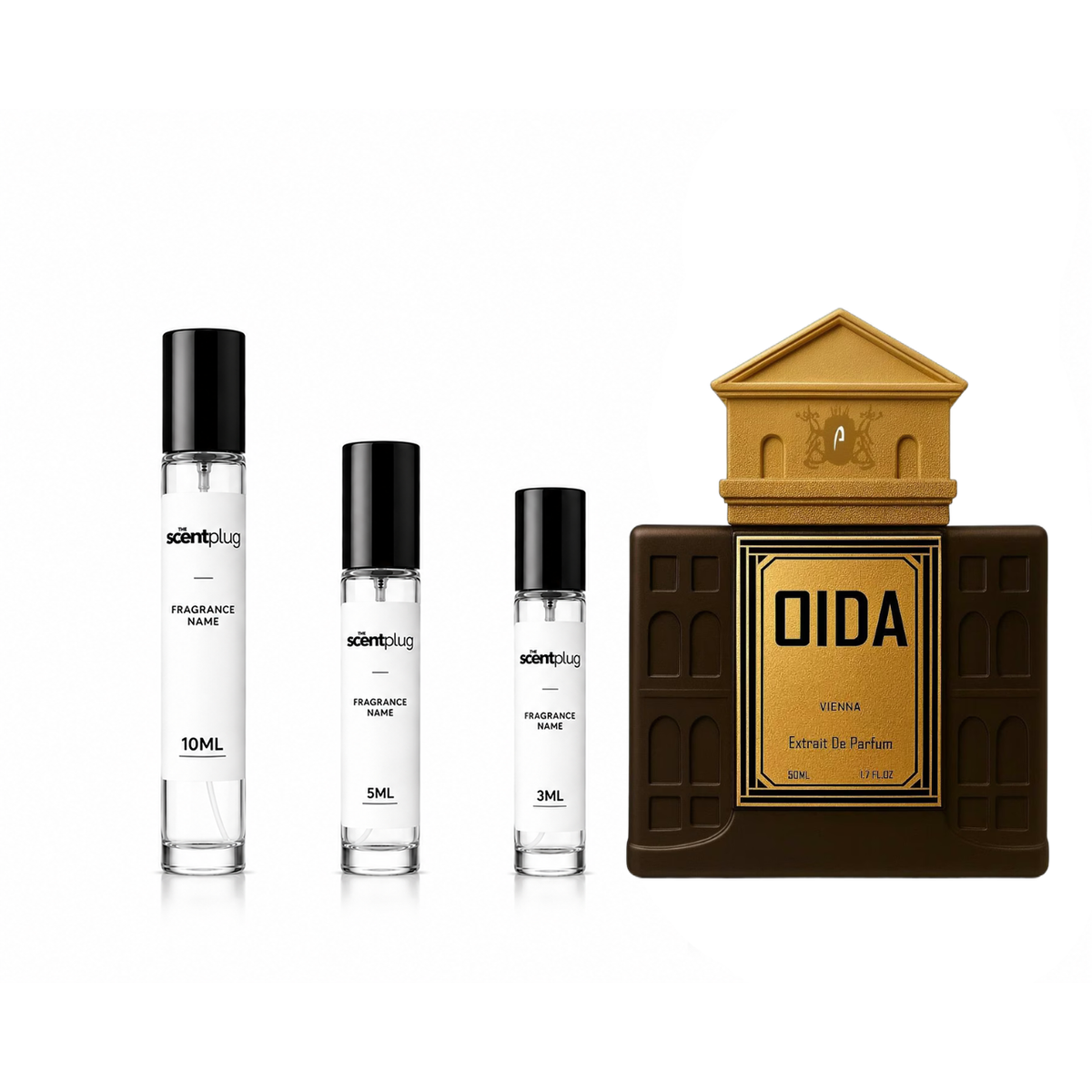 Oida Inhale Decant sample from The Scent Plug showing a small glass container with a black cap and label.