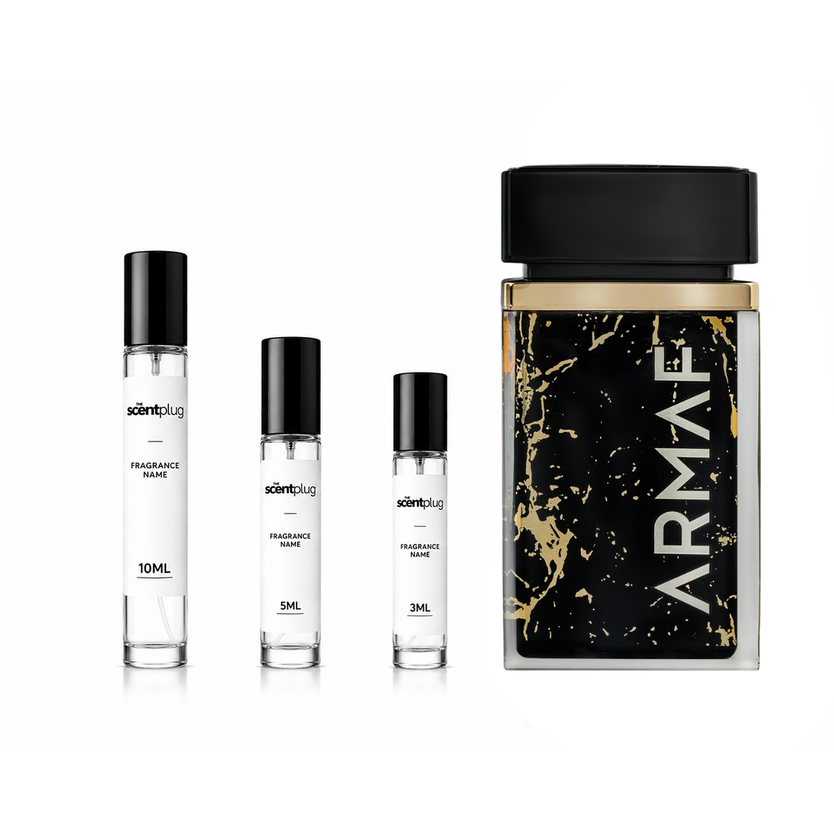 Ombre d'Or Armaf perfume sample decant showing the elegant bottle with gold and black design, suitable for fragrance testing and travel.