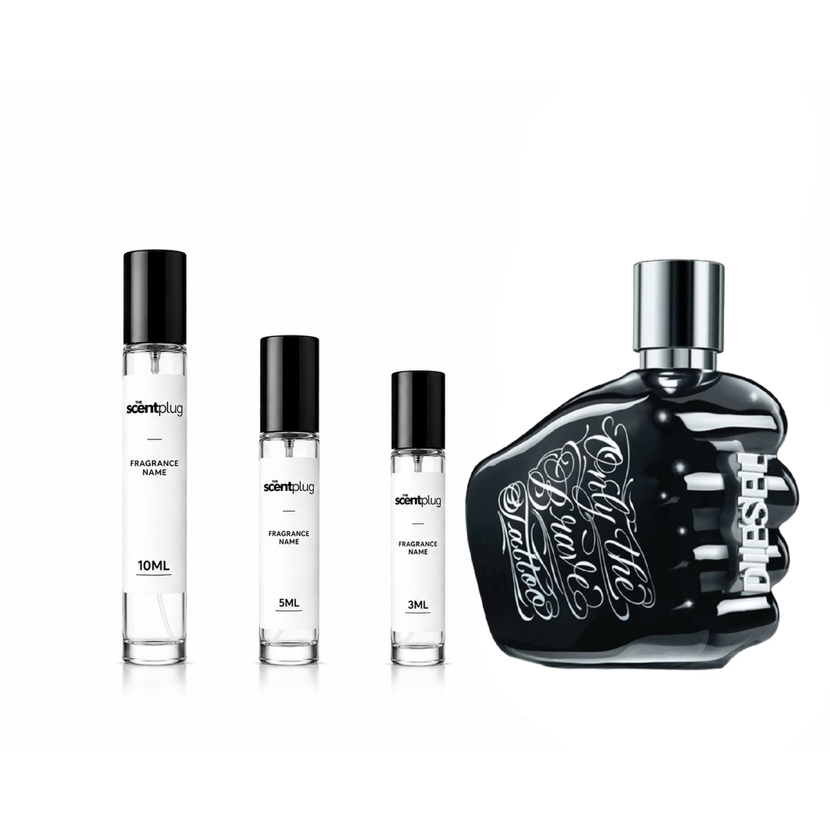 Decant sample of Diesel Only The Brave Tattoo fragrance by The Scent Plug, featuring the iconic bottle design.