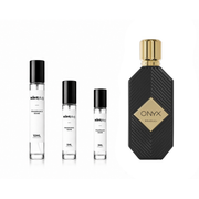 Onyx Gold Khadlaj perfume decant sample by The Scent Plug, featuring a small glass vial with gold accents and fragrance label.