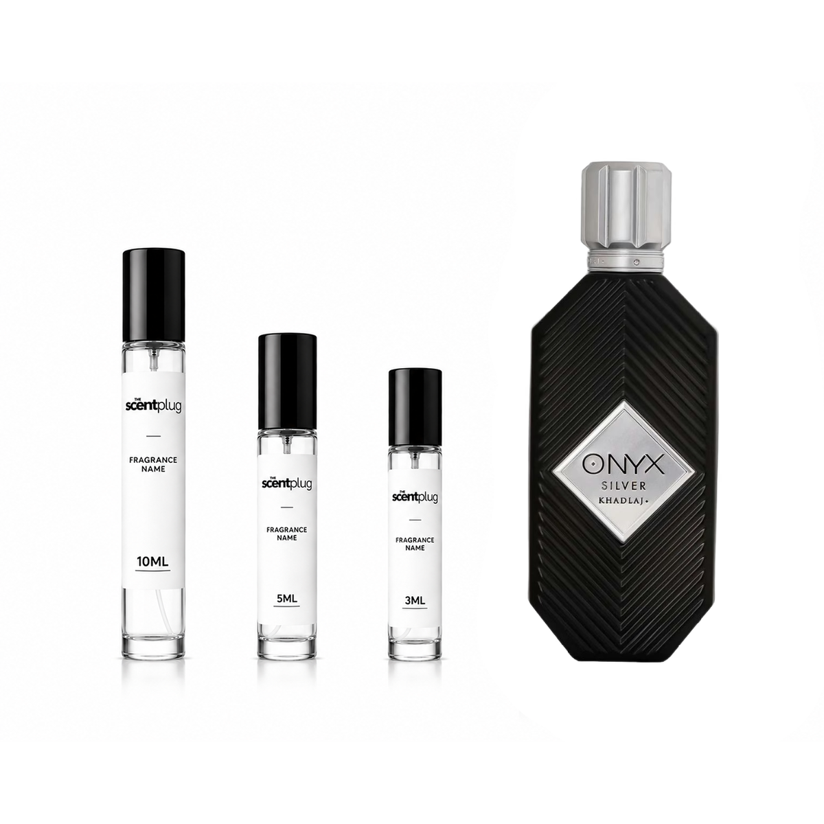 Onyx Silver Khadlaj perfume decant sample from The Scent Plug, showcasing a sleek silver bottle with elegant design.