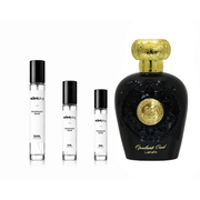 Sample decant of Opulent Oud by Lattafa Perfumes, featuring elegant glass bottle with a black cap and gold accents.