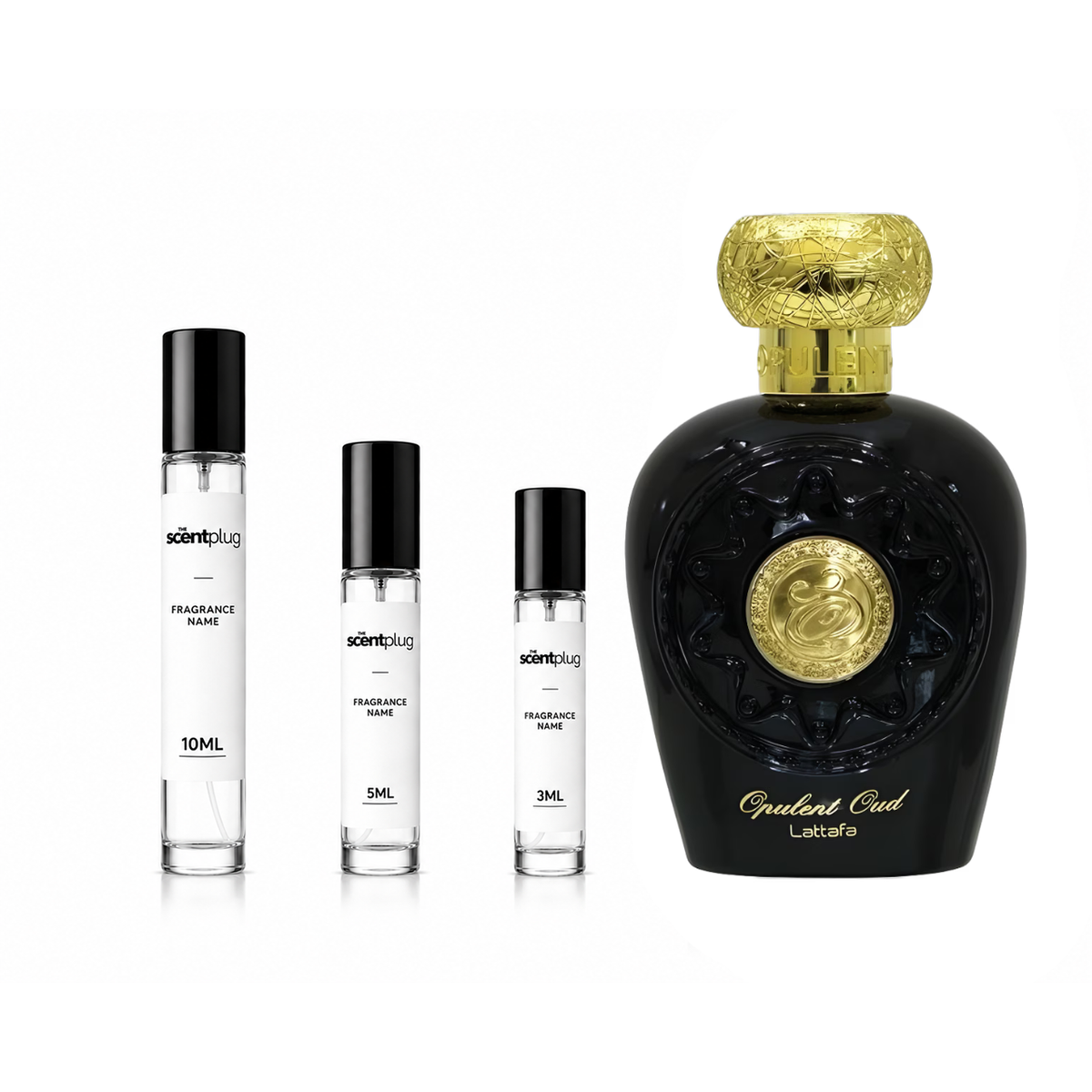 Sample decant of Opulent Oud by Lattafa Perfumes, featuring elegant glass bottle with a black cap and gold accents.