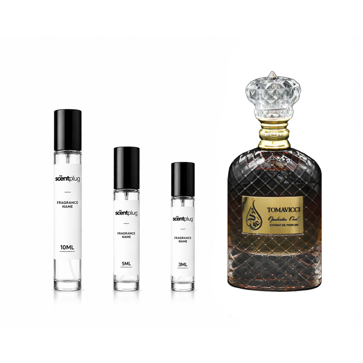 Opulentia Oud Tomavicci fragrance decant by The Scent Plug, showing a sleek sample bottle with a black and gold label.