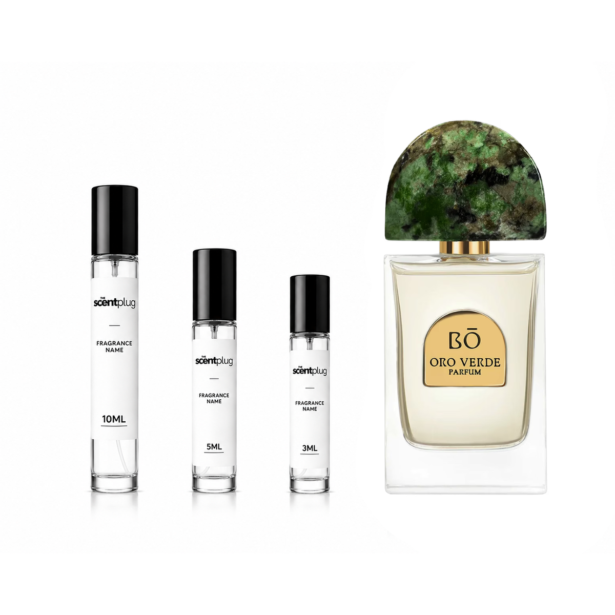 Oro Verde House of BŌ Decant sample by The Scent Plug, displaying a clear glass bottle with a green label and cap.