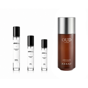 Sample of Oud Bakhur Assaf by The Scent Plug, showcasing a traditional scent decant with a glass bottle and fragrance label.